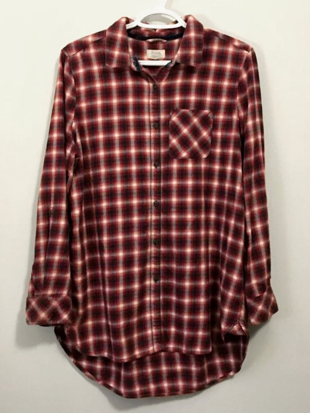 Boston Traders Red Navy White Plaid Cotton Blend Shirt M Longline 90sgrunge